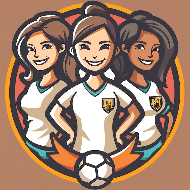 Foto um desenho de três meninas com uma bola de futebol