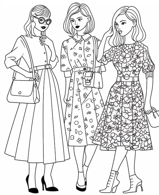 Foto um desenho de três mulheres em vestidos e óculos de sol