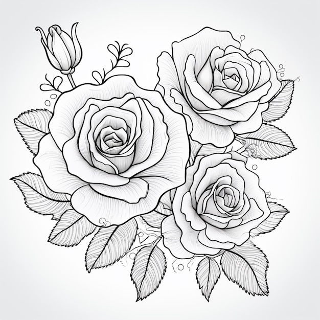 um desenho de três rosas com folhas em um fundo branco generativo ai