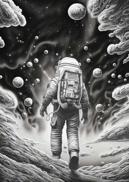 Um desenho de um astronauta caminhando por um espaço escuro com a lua ao fundo.