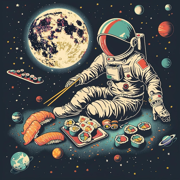 um desenho de um astronauta com um pincel e a lua ao fundo