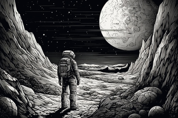 Um desenho de um astronauta olhando para a lua.