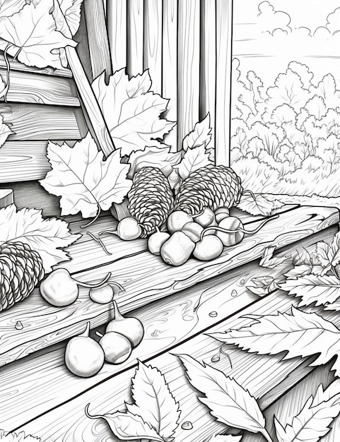 um desenho de um baralho de madeira com um monte de frutas e folhas generativas ai