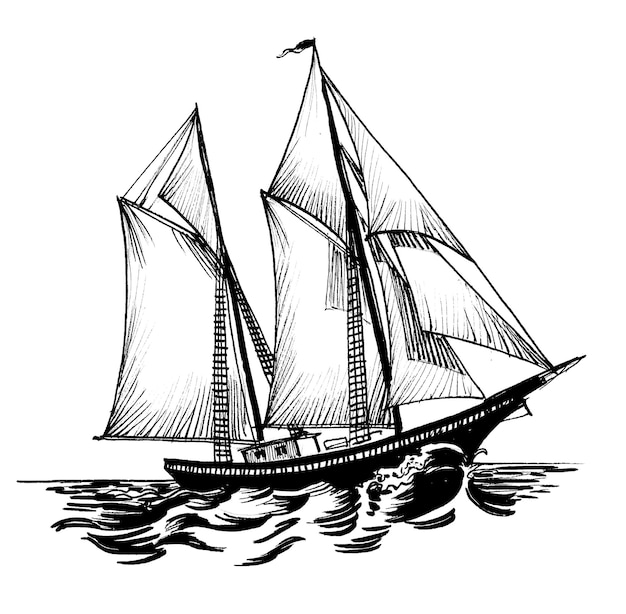 Um desenho de um barco com velas na água