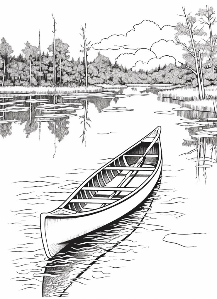 Foto um desenho de um barco em um lago com árvores ao fundo ia generativa