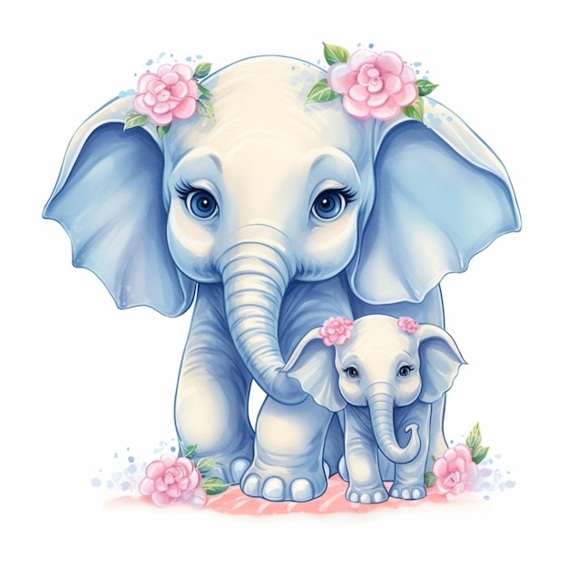 Um desenho de um bebê elefante com flores cor de rosa nele