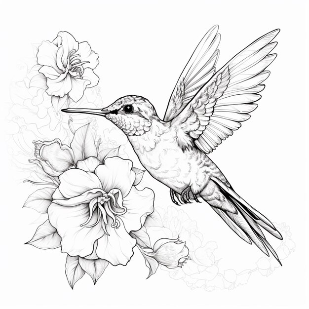 um desenho de um beija-flor voando sobre uma flor com as asas estendidas