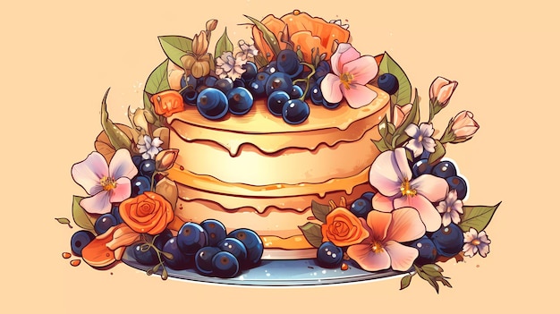 Um desenho de um bolo com mirtilos e flores.