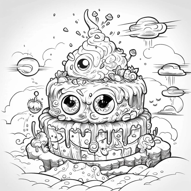 Foto um desenho de um bolo com muitos olhos nele generative ai