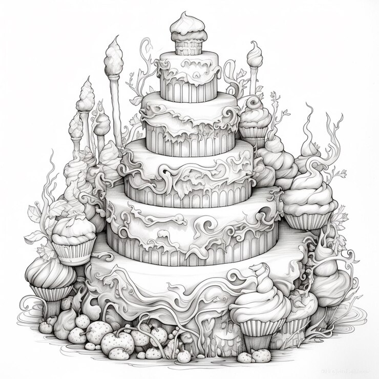 Foto um desenho de um bolo com velas e cupcakes no topo ai generativo
