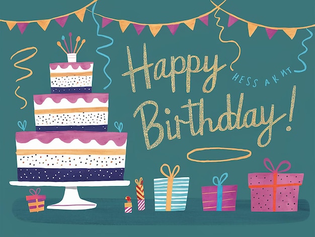 um desenho de um bolo de aniversário com uma bandeira que diz feliz aniversário