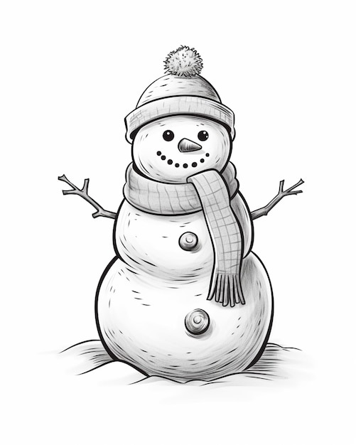 um desenho de um boneco de neve com um lenço e chapéu generativo ai
