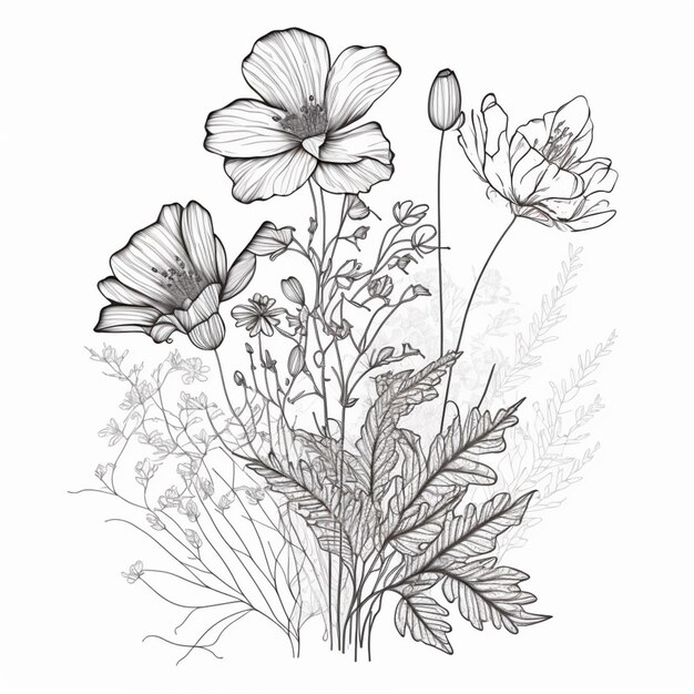 Foto um desenho de um bouquet de flores com folhas e flores generativo ai
