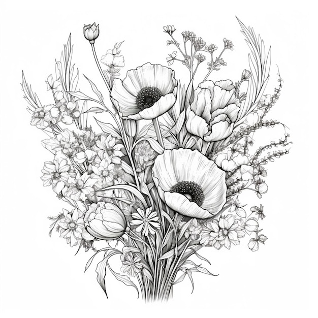 um desenho de um bouquet de flores com um fundo branco generativo ai