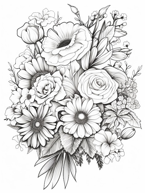 um desenho de um buquê de flores com folhas e flores generativas ai