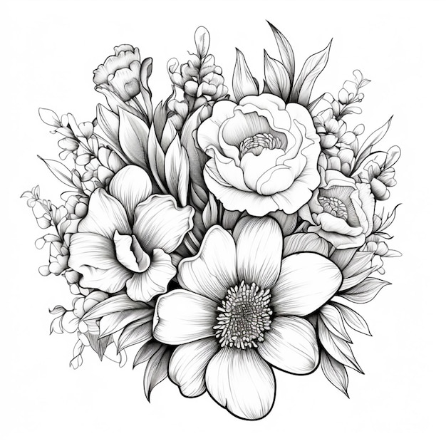 um desenho de um buquê de flores com folhas e flores generativo ai