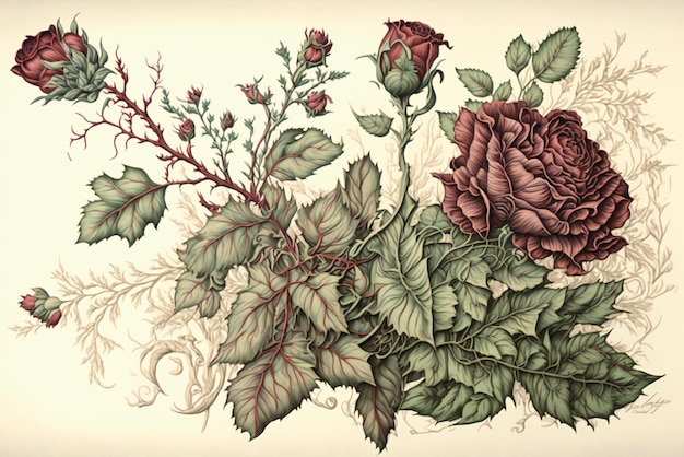 Um desenho de um buquê de rosas com folhas e flores.