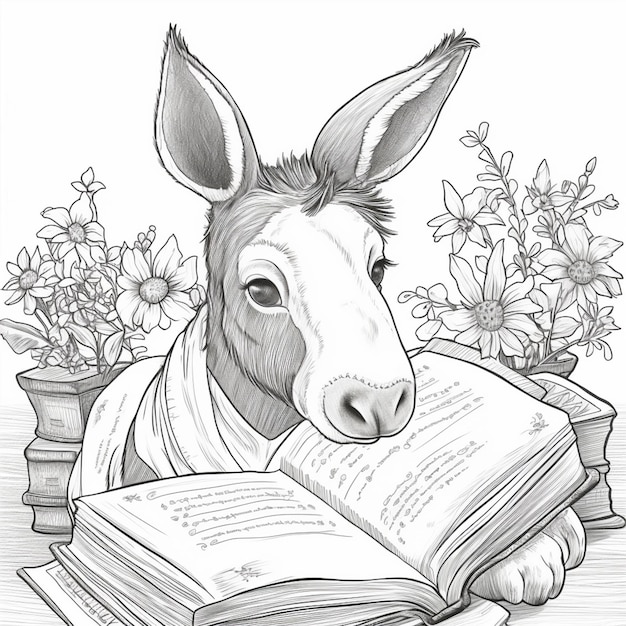 Foto um desenho de um burro lendo um livro com flores ao fundo ia generativa