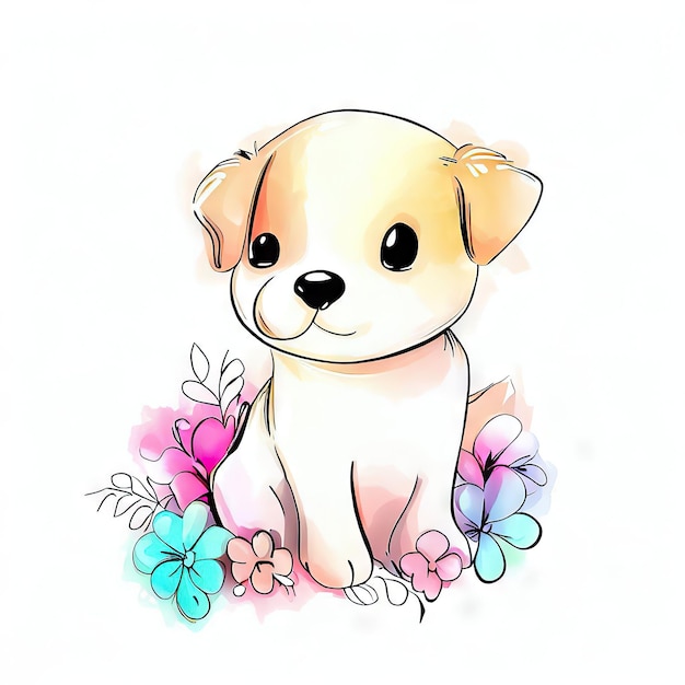 Um desenho de um cachorrinho com flores nele