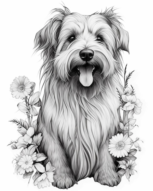 Um desenho de um cachorro com flores em torno dele generative ai