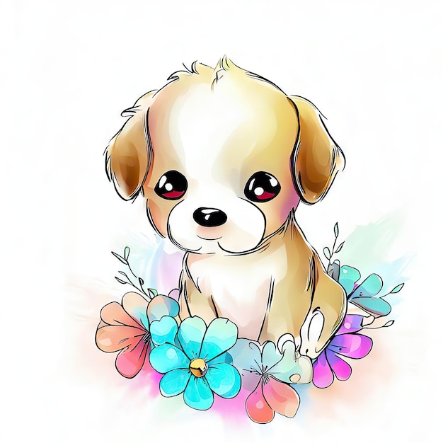 Um desenho de um cachorro com uma flor nele