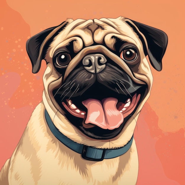 um desenho de um cachorro pug em um fundo laranja