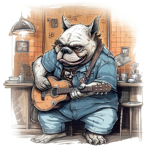 Um desenho de um cachorro tocando uma guitarra Imagem generativa de IA