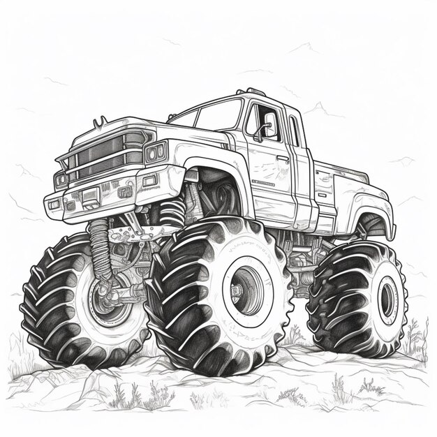 um desenho de um caminhão monstro com pneus enormes na sujeira generativa ai