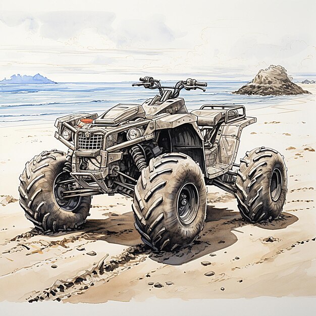 Um desenho de um caminhão monstro em uma praia com uma montanha ao fundo