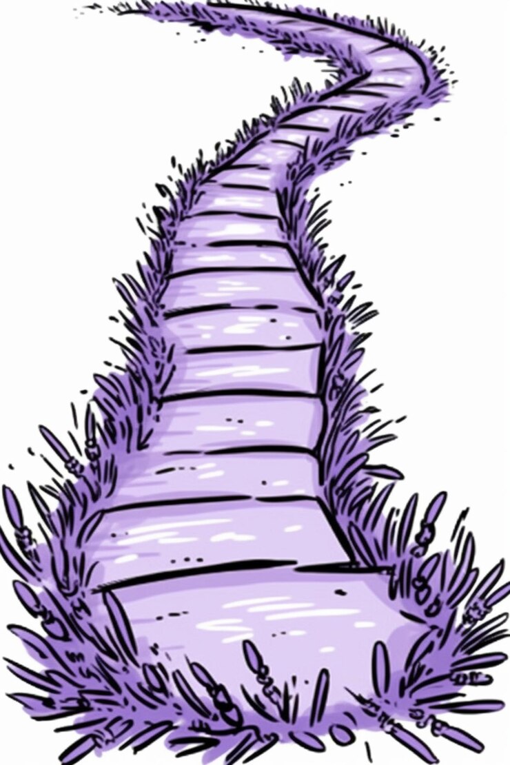 Foto um desenho de um caminho roxo com grama e um pássaro generativo ai