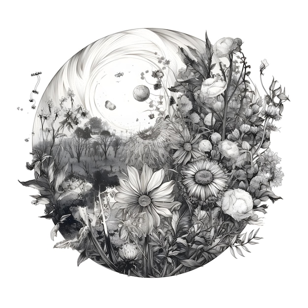 Um desenho de um campo de flores com uma lua ao fundo.