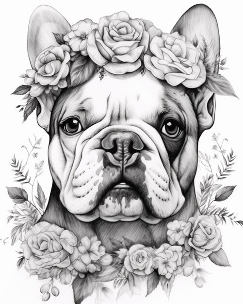 um desenho de um cão com flores na cabeça generativo ai