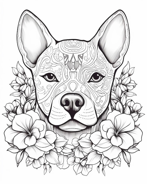 um desenho de um cão com um desenho floral em seu rosto generativo ai