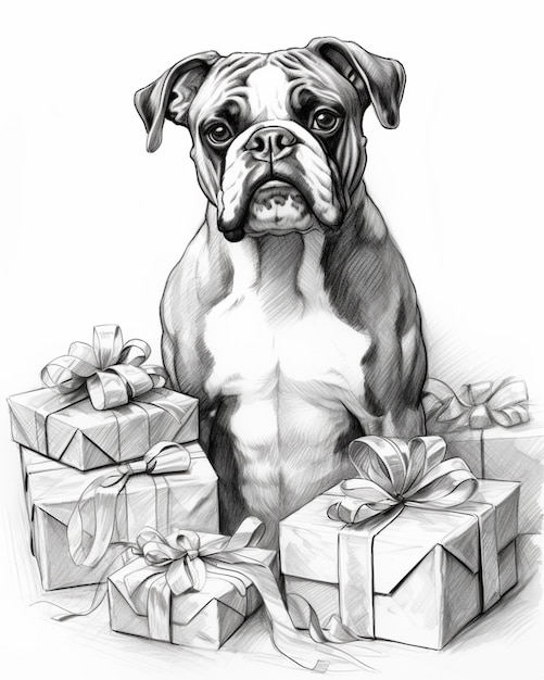 um desenho de um cão sentado ao lado de uma pilha de presentes