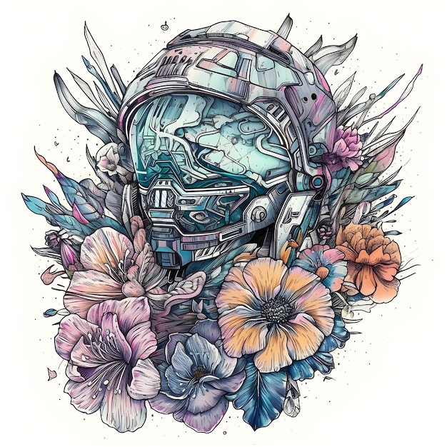 Um desenho de um capacete espacial com flores e a palavra espaço nele.