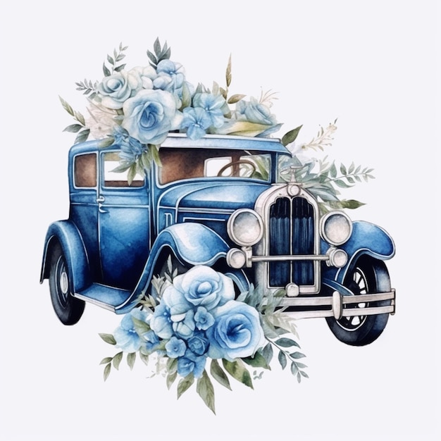 Um desenho de um carro azul com flores nele