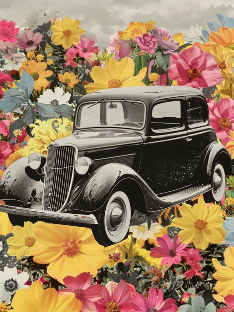 um desenho de um carro com flores no fundo