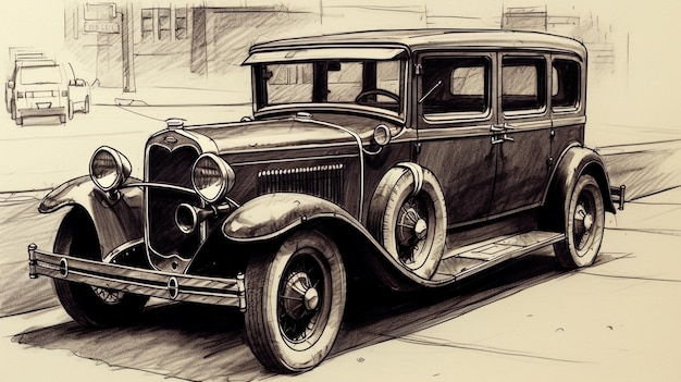 Um desenho de um carro da década de 1920