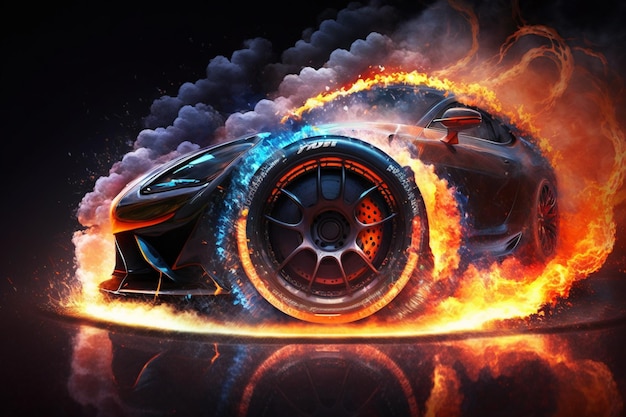 Um desenho de um carro de corrida com fogo na parte inferior.