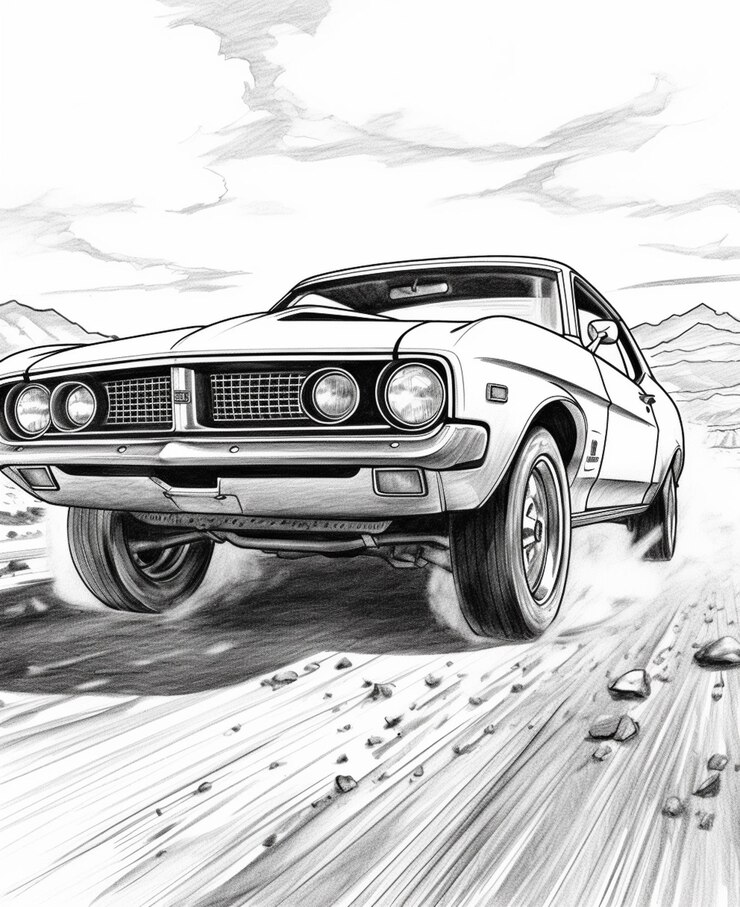 Foto um desenho de um carro dirigindo em uma estrada de terra no deserto ai generativa
