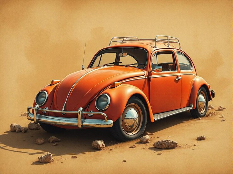 um desenho de um carro laranja com um rack em cima dele