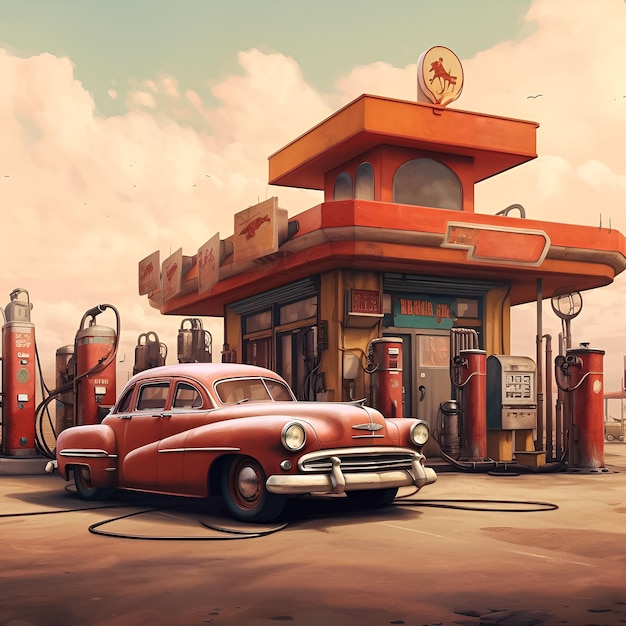Foto um desenho de um carro velho em frente a um posto de gasolina.