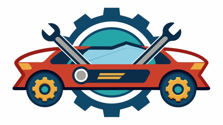 Foto um desenho de um carro vermelho com um topo azul e um logotipo azul com um motor azul e amarelo