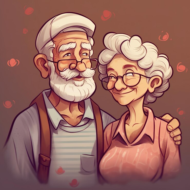 Foto um desenho de um casal com óculos e uma camisa que diz 'eu te amo'