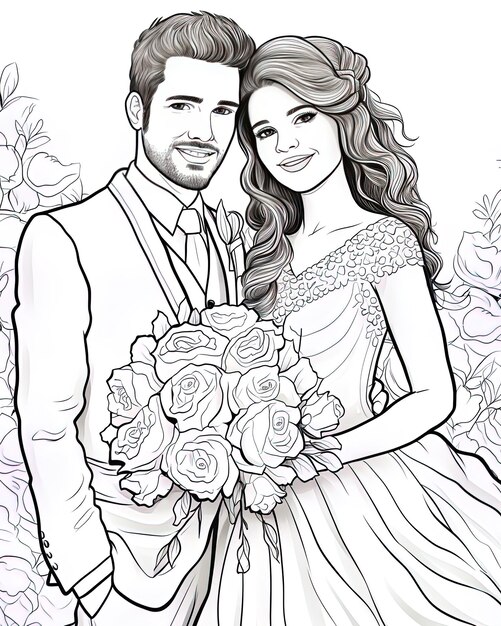 Foto um desenho de um casal com um buquê de rosas