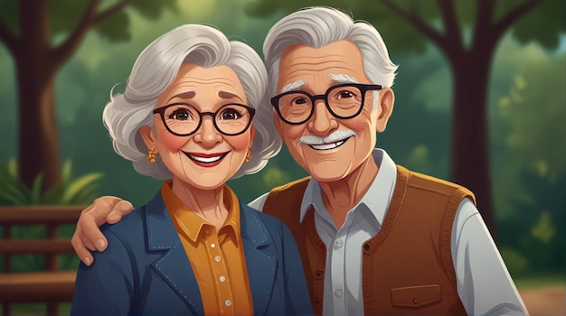Foto um desenho de um casal de idosos com óculos e um homem de fato