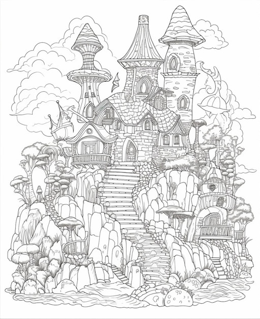 Um desenho de um castelo com um castelo no topo.