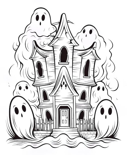 um desenho de um castelo com uma casa com fantasmas nele