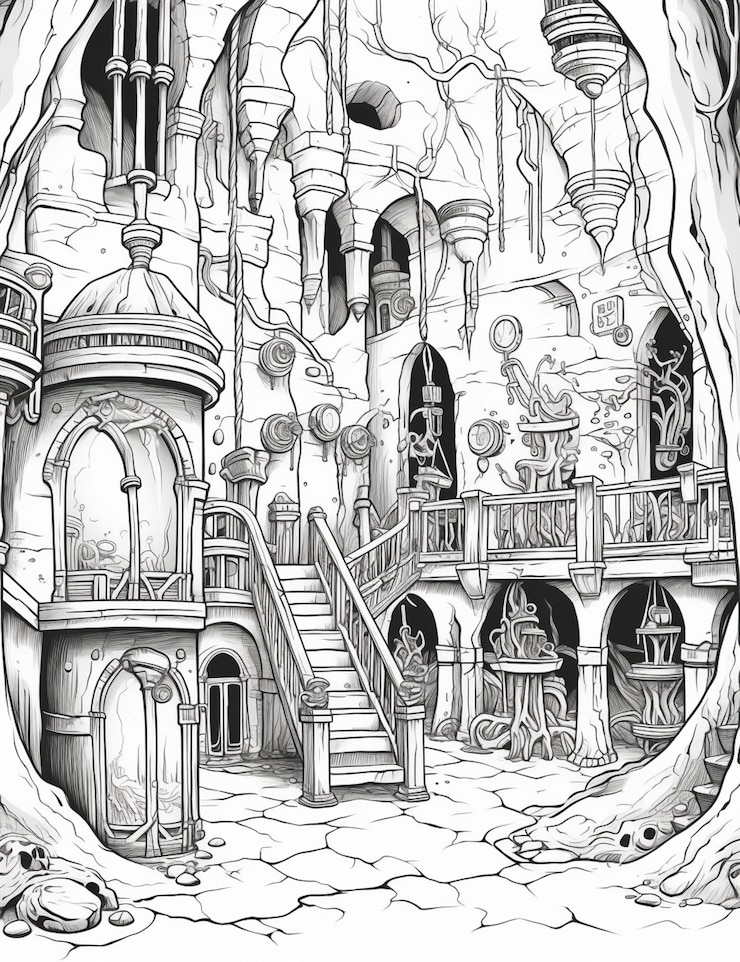 Foto um desenho de um castelo com uma escada que leva a uma varanda generativa ai