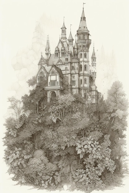 Um desenho de um castelo em uma colina